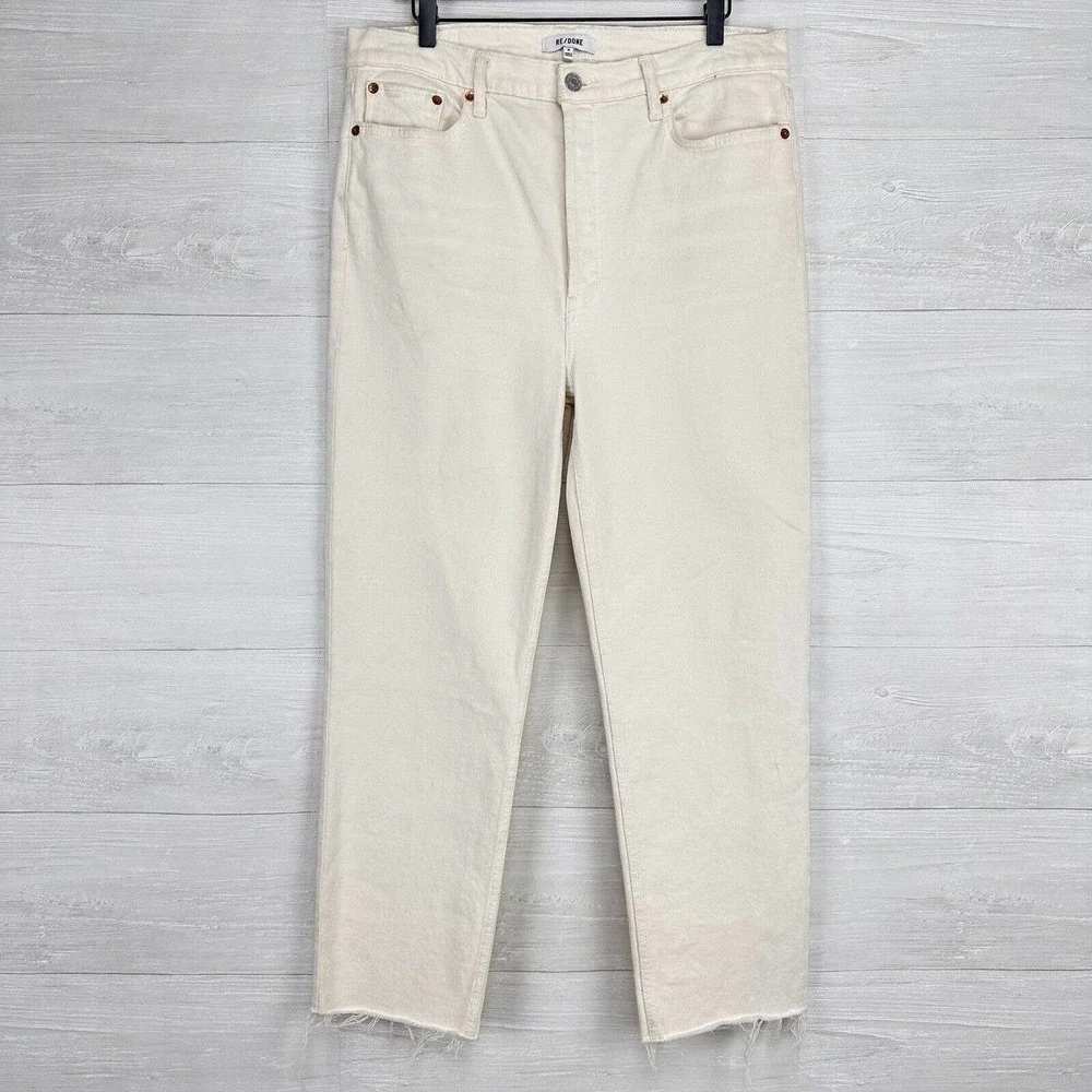 RE/DONE High Rise Stove Pipe Jeans Size 31 Vintage White Comfort Stretch Raw Hem